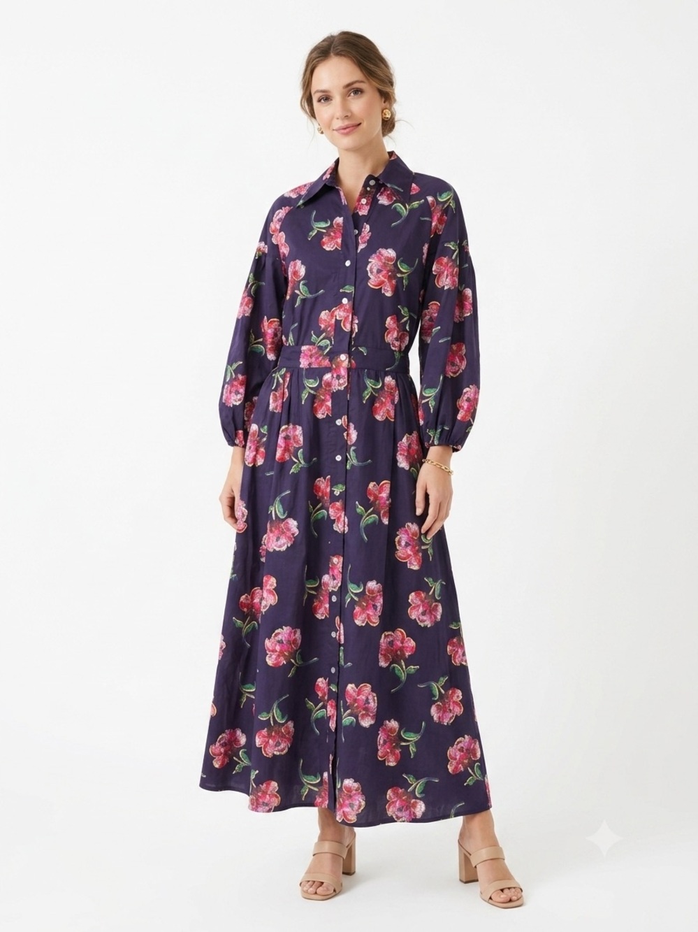 Tish Cox Floral Maxi Dress Large NWT Purple Button Front Cotton